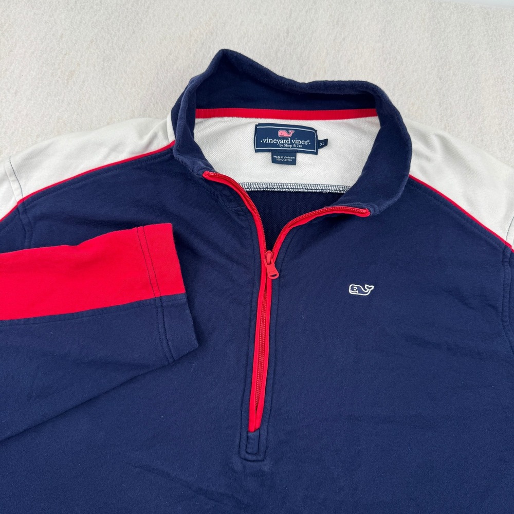 Vineyard Vines Mens XL Quarter Zip Pullover Navy/Red Colorblock Cotton Nautical